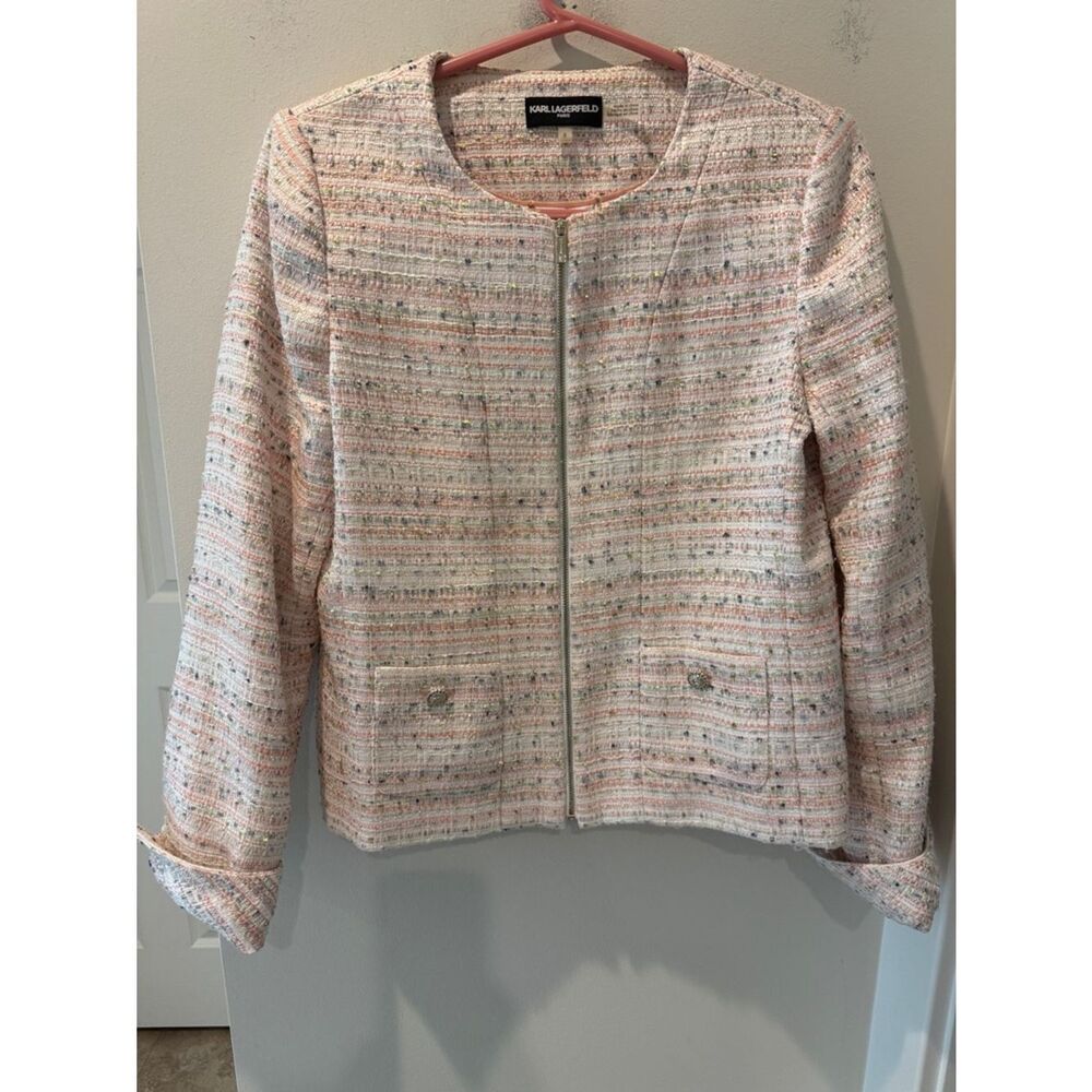 Karl Lagerfeld Cream and Pink Tweed Zip Jacket pockets rounded neckline size 8